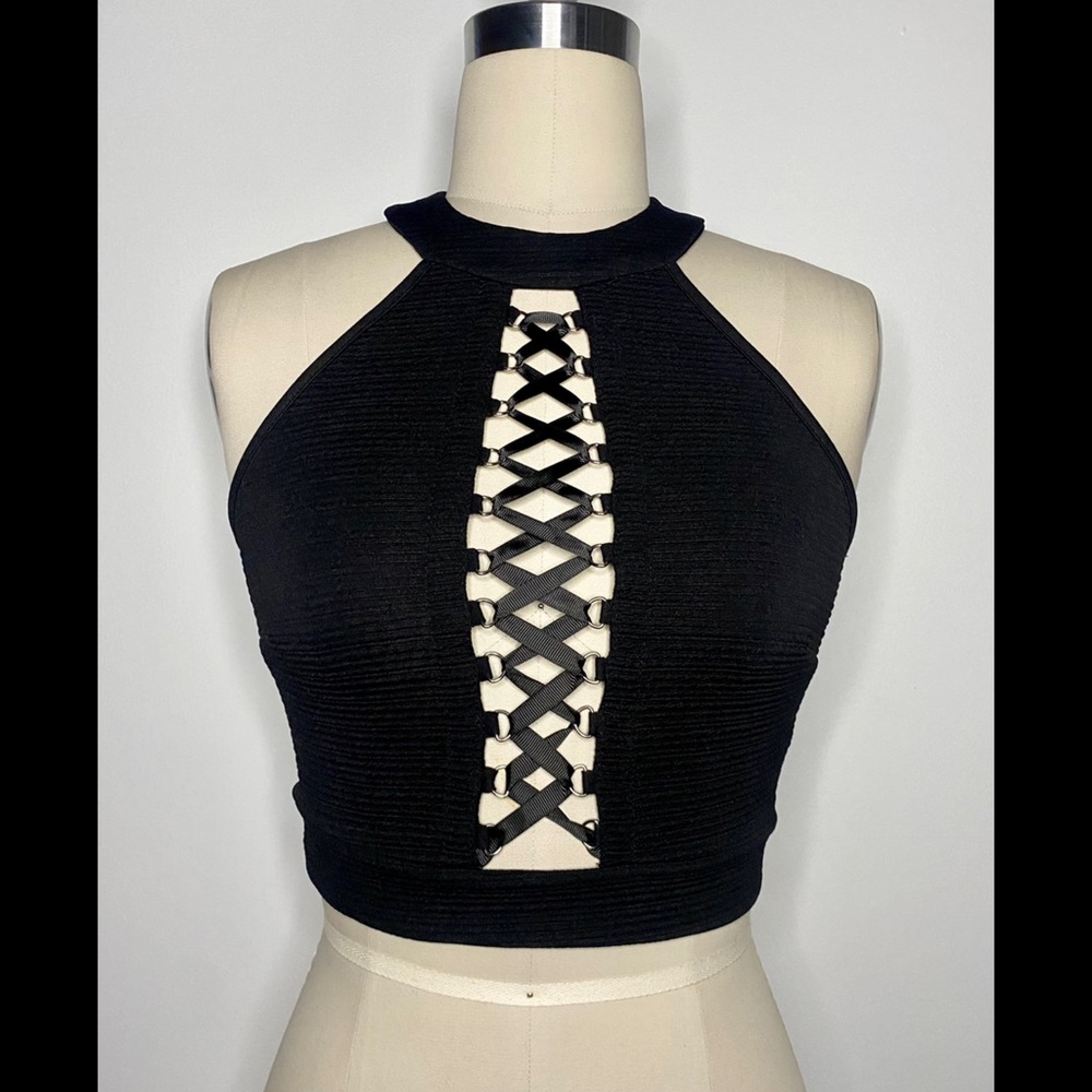 Black Lace-Up Backless Halter Crop Top